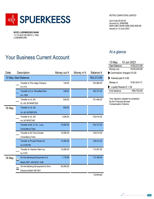 Download BCEE Luxembourg Bank firm account statement Word and PDF template Photoshop template